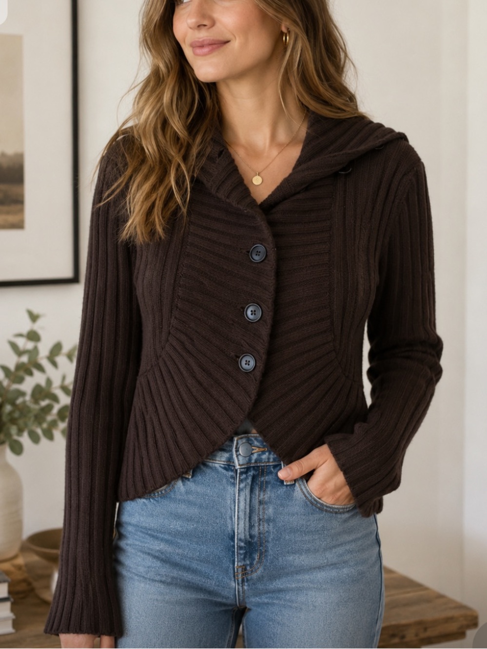 NUDE Wool Ribbed Button-Up Cardigan with Flare Sleeves in Chocolate Brown